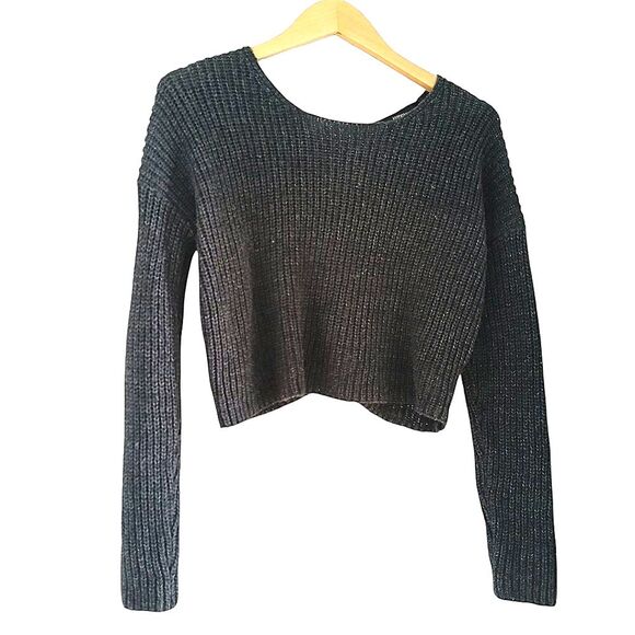 Forever 21 Women's Crop Top Lace-Up Back Sweater Black/Grey Knit Long Sleeves SM - Picture 1 of 9